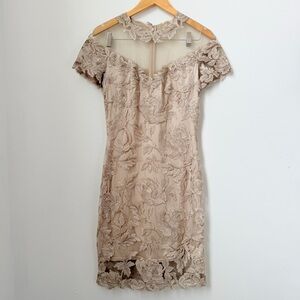 Tadashi Shoji Gold Floral Lace Illusion Neck Sheath Dress Womens 8 Champagne